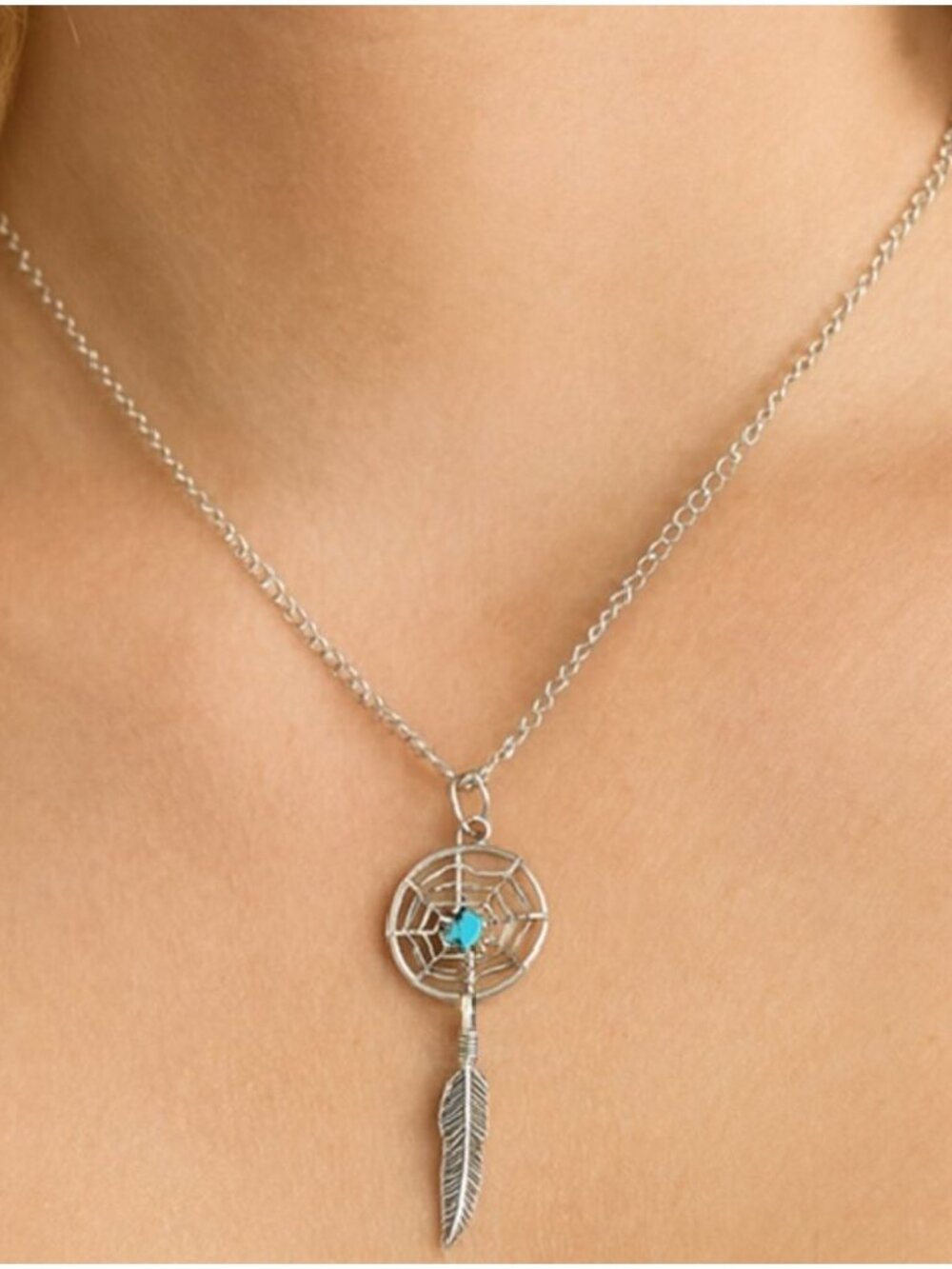 Turquoise Dream‎ Catcher Silver Necklace with Feather